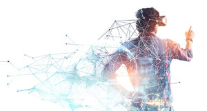 Imagem com fundo branco de homem usando óculos de realidade virtual e formas geométricas interligadas por pontos e linhas representando o futuro das profissões emergentes