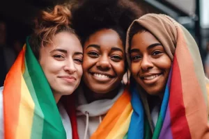 três mulheres sorrindo enroladas em bandeira LGBTQIA+