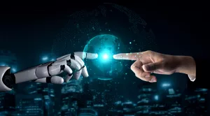 dedo de robo e dedo de pessoa quase se tocando um luz no meio representando avanços da inteligência artificial