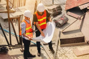dois engenheiros com coletes e capacetes de construção civil analisando uma planta de obra