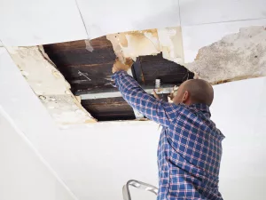 encanador consertando teto com infiltração devido a vazamento de água