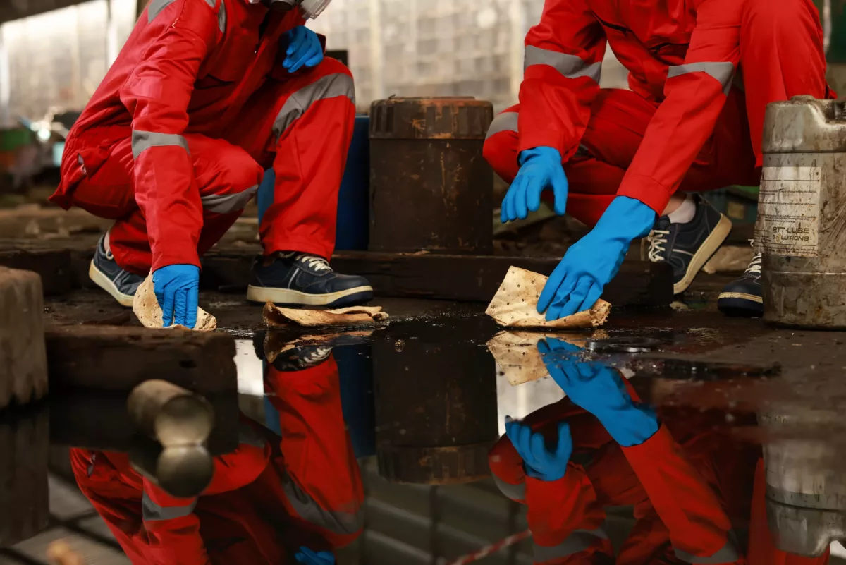 Trabalhadores em trajes de proteção vermelhos absorvendo substâncias químicas de um vazamento, com foco e cuidado para evitar danos ambientais e pessoais.